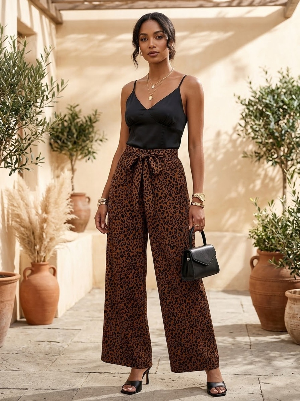 Wide-Leg Leopard Print Tie-Waist Pants - Brown